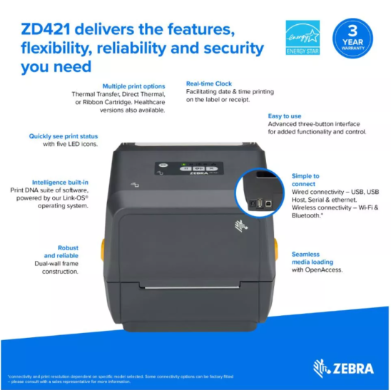 Zebra ZD421 T Thermal Transfer Advanced Desktop Label Printer 4