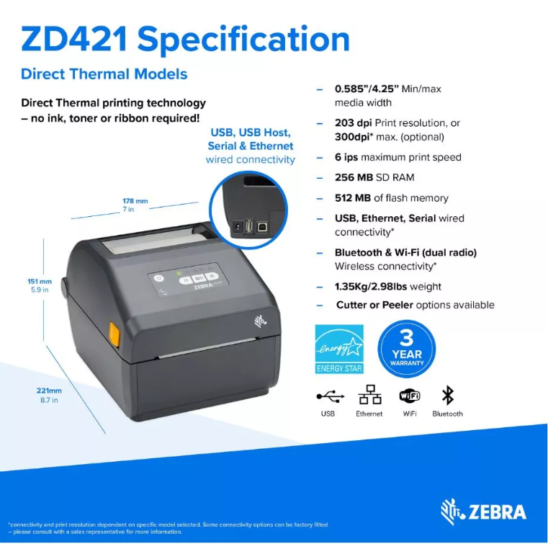 Zebra ZD421 T Thermal Transfer Advanced Desktop Label Printer 6